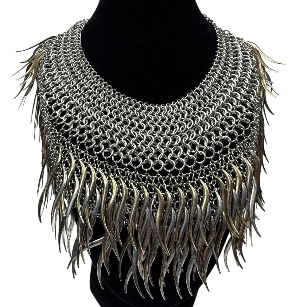 Bold Chainmaille Collar Statement Necklace Silver and Gold Tone Metallic Fringe